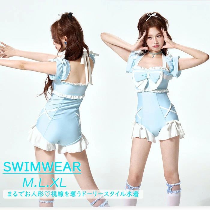 Rakuten - ワンピース水着 レディース 水着 ロリータ パッド付 かわいい 小胸 露出控えめ 青 ブルー レオタード水着 パッド付 かわいい リボン 小胸 露出控えめ 青 ブルー 夏 海 ビーチ プール 温泉旅行 M L XL df658c0c0m3