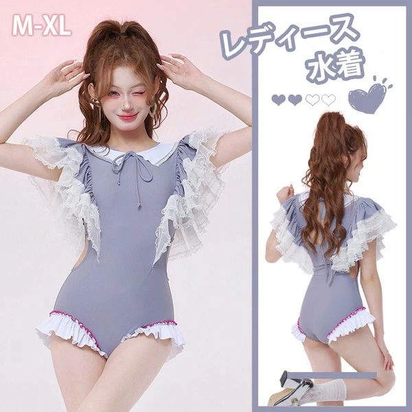 リボン付き水着｜水着 レディース エンジェルスリーブ リボン パッド付き 学生風 かわいい フリル ...