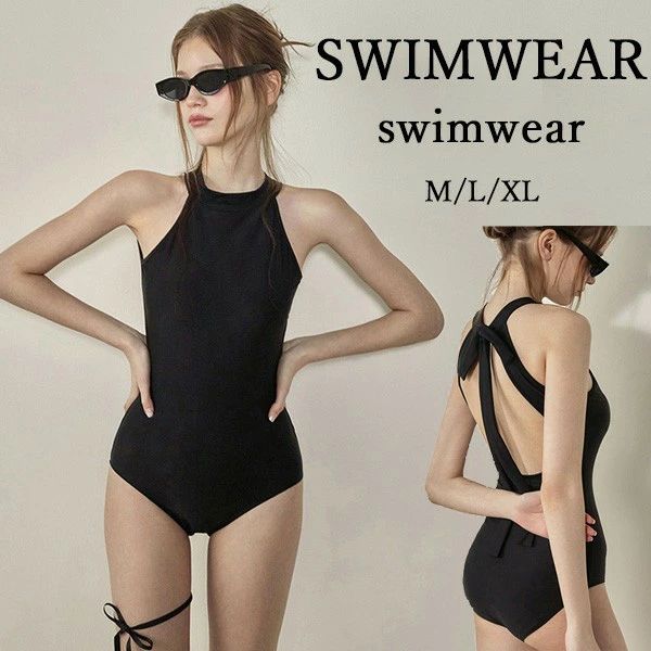 リボン付き水着｜ハイネック ワンピース水着 レディース 綺麗 クロスバンド 無地 ブラ シンプル シ...