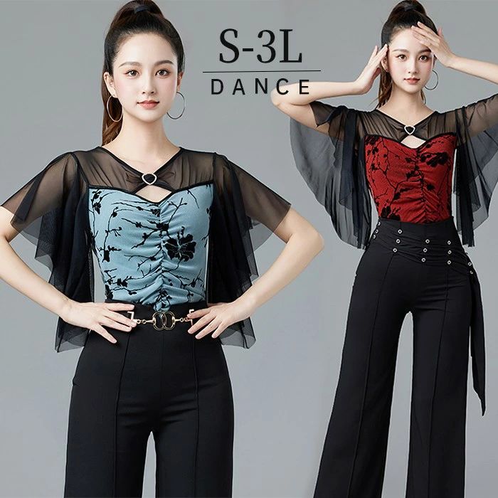 社交ダンス トップス レオタード 透け感 ブルー レッド フリル ダンス衣装 トップス ラテンダンス モダン タンゴ サンバ ダンスウェア レディース 社交ダンス衣装 コンサート 舞台用 ステージ衣装 練習着 レッスンウェア 黒 ブラック 胸パッド付き d1382d7d7m3