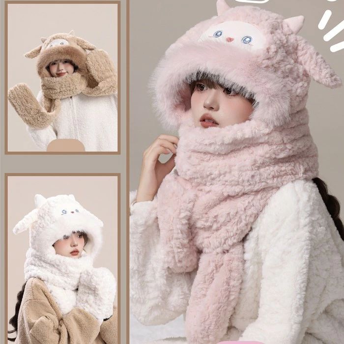 帽子 フード・ネックウォーマー シープ耳 ロング マフラー もこもこ フード付きマフラー 手袋 一体型 ネックウォーマー クリスマス お出かけ 韓流グッズ 女の子 プレゼント おしゃれ 秋冬 防寒 暖かい 可愛いdh089zbzbm3