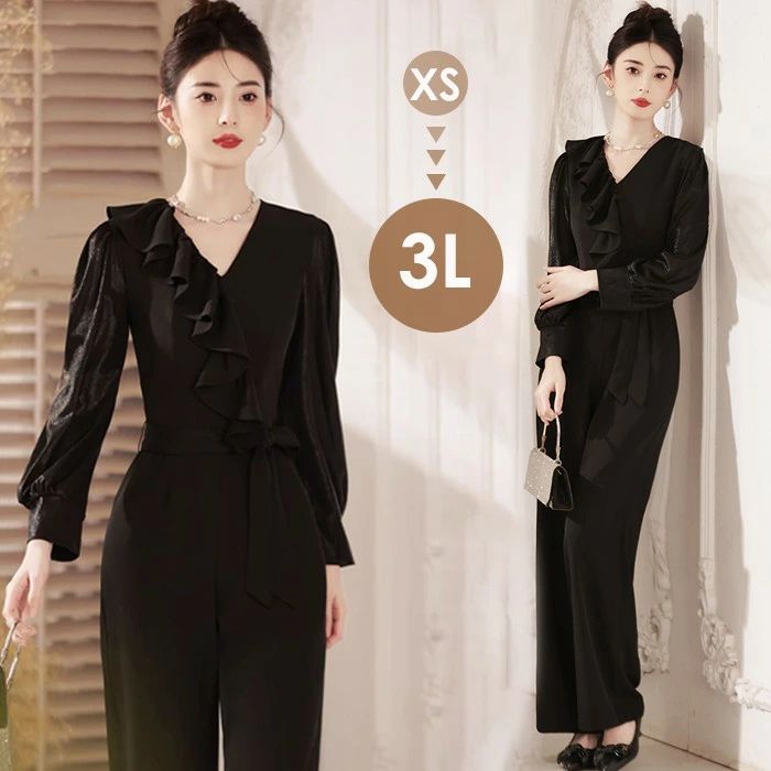 パンツドレス オールインワン 結婚式 二次会 お呼ばれ 演奏会 発表会 七五三 ワイド ロング丈 体型カバー 20代 30代 40代 長袖 袖あり ブラック Vネック きれいめ 母親 フォーマルドレス 上品 パーティードレス ワンピース 母 春 夏 秋 黒 xz178d7d7m3