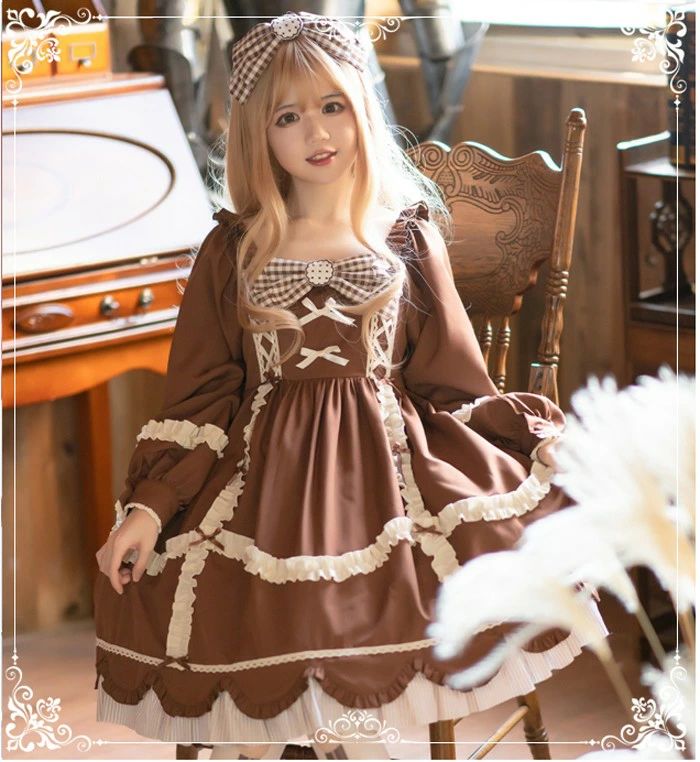 ワンピース ロリータ ドレス コスプレ衣装 茶色 ジャンパースカート ブラウス 長袖 レトロ 中世紀 宮殿風 貴族風 リボン フリル 森ガール レディース 女の子 少女 ゆめかわいい 萌え リボン 女装 パーティー ファッション aa144zbzbm3 2