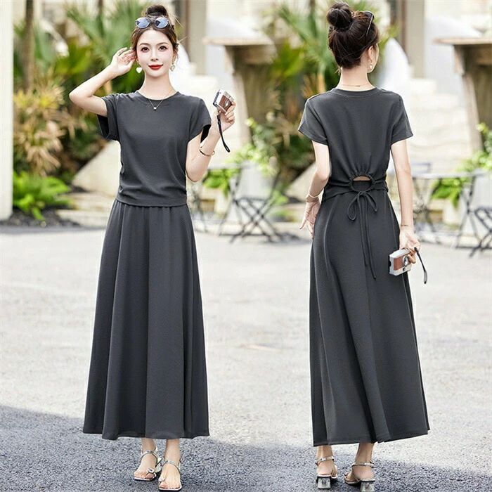セットアップ レディース スカート セットアップ tシャツ スカート 2点セット 半袖 カットソー きれいめ ロング スカート カジュアル スーツ ゆったり 体型カバー 通勤 カジュアル 上下 セットアップ 着痩せ 無地 送料無料
