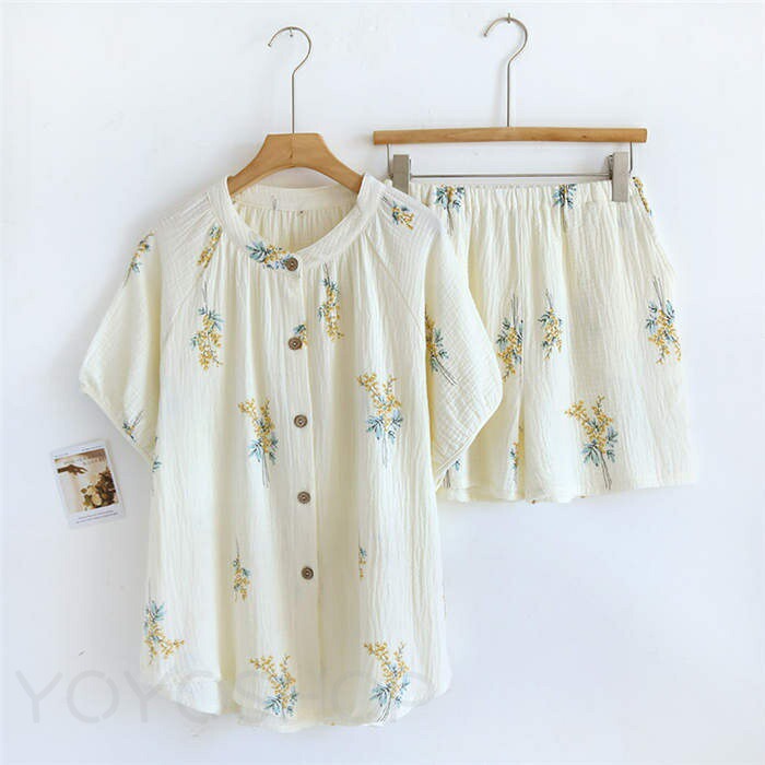 パジャマ ガーゼ レディース ルームウェア 春 夏 秋 冬 半袖 長袖 花柄 部屋着 セットアップ 2点セット 寝間着 寝巻き 上下セット 前開き 夏用 秋用 可愛い 大きいサイズ ダブルガーゼ 2重ガーゼ 綿100% バンドカラー ウエストゴム ガーゼコットン ガーゼパジャマ 40代