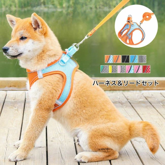 犬 ハーネス 中型犬 大型犬 リードセット 胴輪 首輪 反射テープ付き 装着簡単 ベルト調節可 通気性 抜けにくい 脱げない 散歩 お出かけ カラバリ豊富 送料無料
