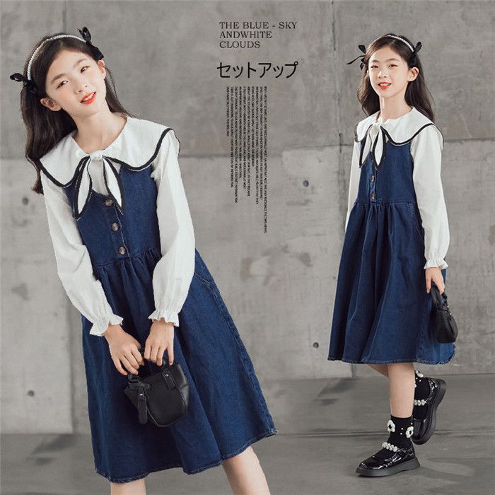 Rakuten - 子供服 セットアップ 女の子キッズ デニムサロペット 長袖 ブラウス+サロペット 2点セット 子供 入園式 卒業式 ワンピース カレッジ 発表会 韓国風子供服 入学スーツ こども 春着 秋着 120 130 140 150 160 170