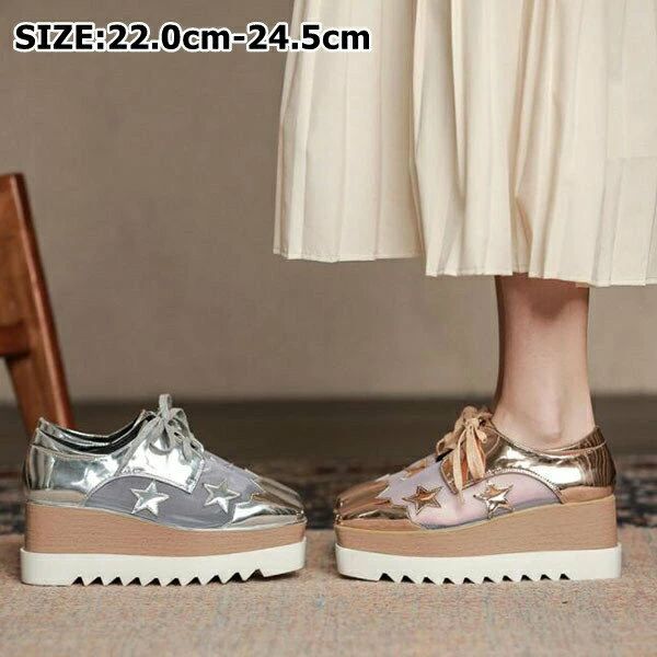 送料無料 エナメル 調 オックスフォード ウィングチップ マニッシュ レースアップ コンフォートシューズ おじ靴 レースアップ 編み上げ 厚底 靴 ブラック シルバー プラットフォームシューズ 22.0センチ-24.5センチウエッジソール オックスフォードシューズ