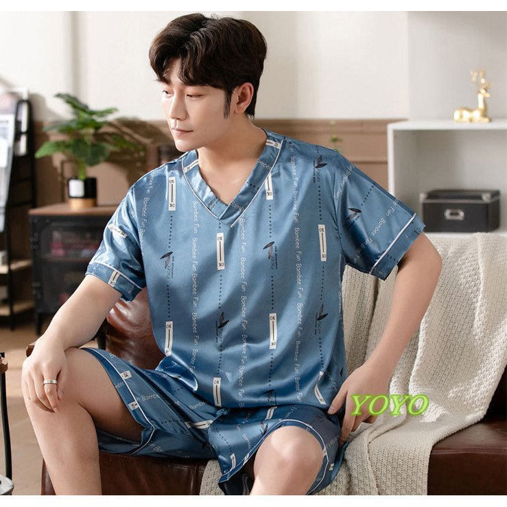 メンズ 春夏2点セット パジャマ セットアップ ルームウェア 半袖ズボン アイスシルク パジャマ 前開き ..