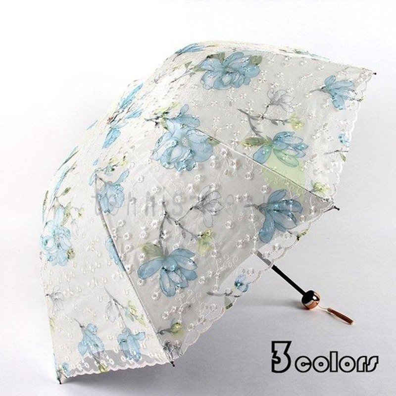 Rakuten - レディース 日傘 折りたたみ傘 雨傘 花柄 晴雨兼用傘 折りたたみ傘(3つ折) 刺繍 オシャレ 可愛い 女性用 レース 手動 傘袋付 8本骨 UVカット 紫外線対策