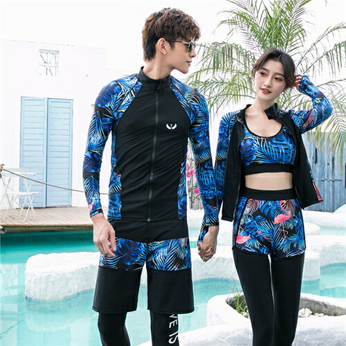 Two-Piece - ラッシュガード ペア カップル 長袖 ペアルック 水着 レディース 上下 セット メンズ ウェットスーツ セットアップ 競泳 人気 大きいサイズ おしゃれ 体型カバー 短パン UV対策 紫外線 トップス ブラー ショートパンツ レギンス 女4点セット 男3点セット 黒/ブラック ブルー