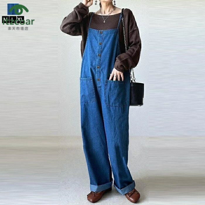 サロペット パンツ レディース 秋 オーバーオール 大きいサイズ デニムマキシパンツ 夏 体型カバー Vネック オールインワン ファッション デニムパンツ レイヤード 重ね着 ミディアム ジャンパーパンツ デニム ブルー