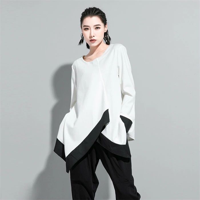 tシャツ レディース 長袖 おしゃれ 変形 デザイン 裾クロス アシンメトリー tシャツ レディース カットソー 春 秋 冬 クルーネック シンプル トップス プルオーバー ロングT ゆったり 無地 配色 個性的 オシャレ ファッション 上品 通勤 カジュアル 黒 白 送料無料