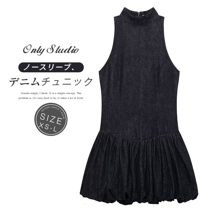 デニム チュニック 新作 レディース ノースリーブ 無地 ワンピース デニムチュニック 立ち襟 膝上丈 ベスト ワンピ プルオーバー デザイン感 デニムワンピー...