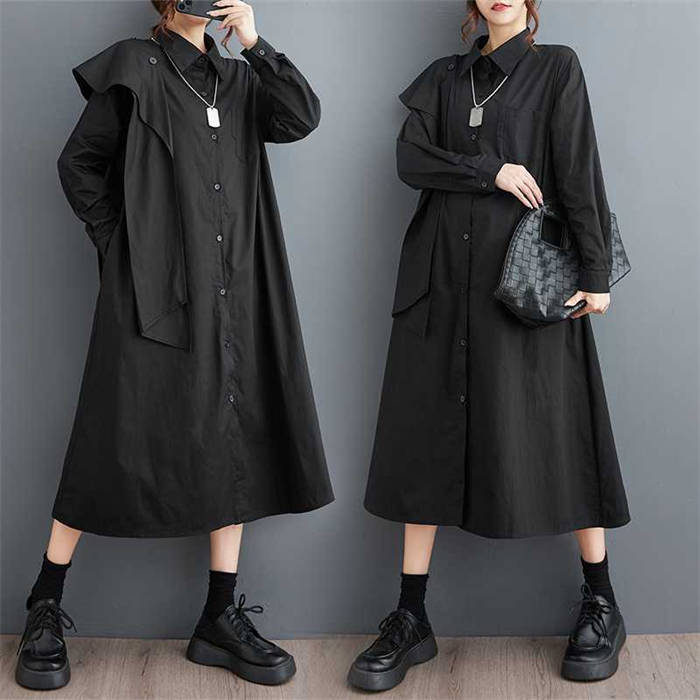 シャツワンピース レディース シャツ ワンピース アシンメトリー 新作 長袖 無地 綿 シャツ襟 デザイン感 ゆったり ロング ワンピ 前開き 羽織り ボタン 春 秋 着痩せ おしゃれ 体型カバー カジュアル 大人 通勤 OL オフィス 30代 40代 50代 切り替え 着回し 送料無料