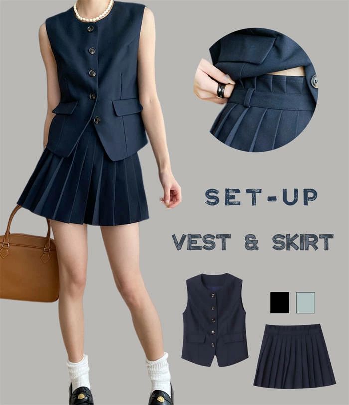 【送料無料】2点セット レディース テーラードベスト スーツベスト ノースリーブ トップス ミニスカート 裏地付き プリーツスカート セットアップ 上下セット スカートスーツ スーツセット おしゃれ 20代 30代 40代 着痩せ 通勤 ネイビー 紺色 上品 きれいめ 春夏秋