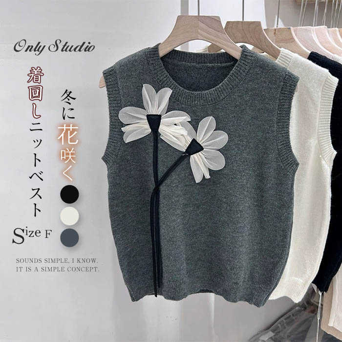 ニット ベスト ニットベスト レディース ジレ 立体 花柄 セーター ノースリーブ 重ね着 トップス プルオーバー リブニット ラウンドネック 秋 冬 大人 オフィス ゆったり ガーリー 通勤 OL オフィス カジュアル レイヤード風 上品感 エレガント 30代 40代 50代 送料無料