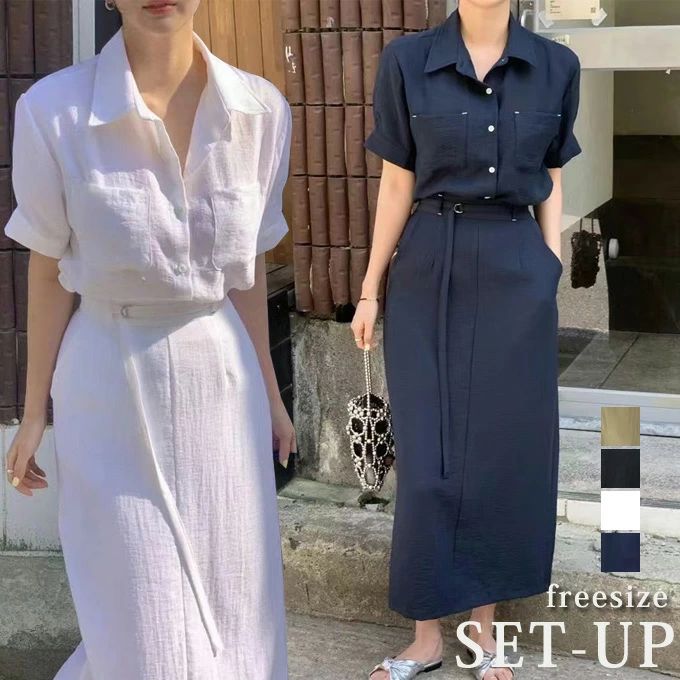 セットアップ レディース 上下セット 半袖 シャツブラウス ロングスカート タイトスカート 綿麻 カジュ..