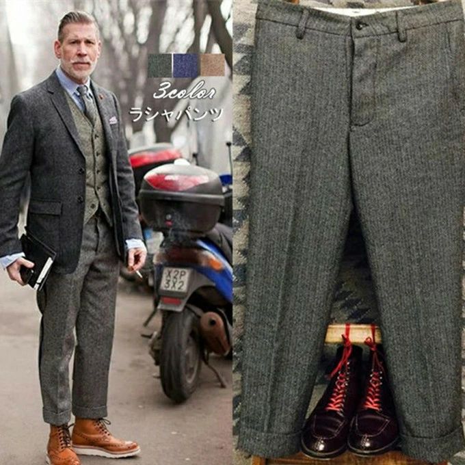 スキニーパンツ ラシャパンツ メンズ ビジネス フリース フォーマル 通勤 ウール 暖かい あったか 厚手 ヘリンボーン柄 9分丈 ボトムス 大きいサイズ ボトムス ストリート系 オールシーズン 秋 冬 送料無料