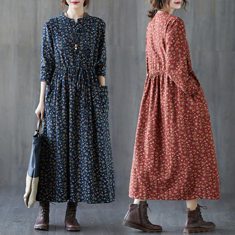 コットンリネンワンピース秋長袖ロングワンピース総柄ロングワンピリゾートワンピロング丈ワンピースリゾート花柄ゆったりおしゃれ大人可愛い
