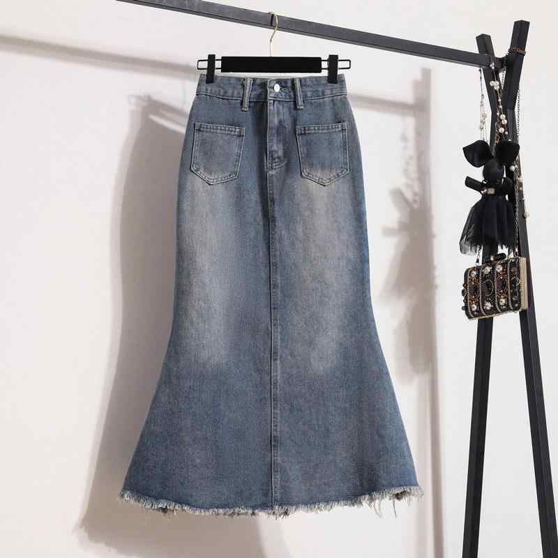 ヴィンテージ加工 レトロ カットオフ加工 フリンジ ミディ丈 Aラインシルエット マーメイドスカート レディース