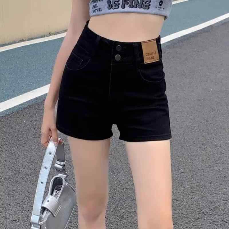 細見え 微ストレッチ 薄手 ポリエステル 綿 ホットパンツ ストレート ハイウエスト ブラック レディース