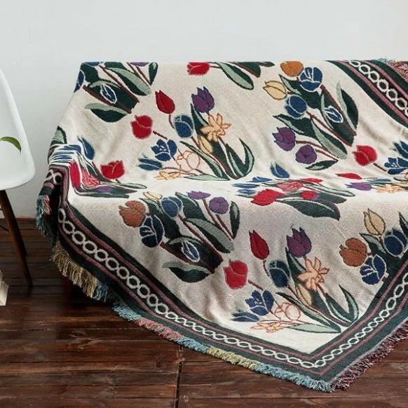 ブ カーペット カラフル フリンジ 綿 コットン 絨毯 マット ソファーカバー マルチカバー 花柄 チューリップ