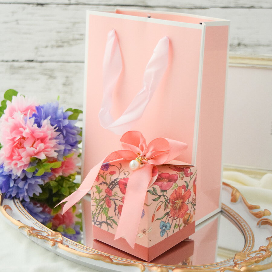 ラッピングセット(ピンク花柄BOX・巾着袋付き)包装セット アクセサリー ギフト 紙袋 BOX ボックス 巾着袋 リボン パール調 飾り付き シルバー ステンレ...