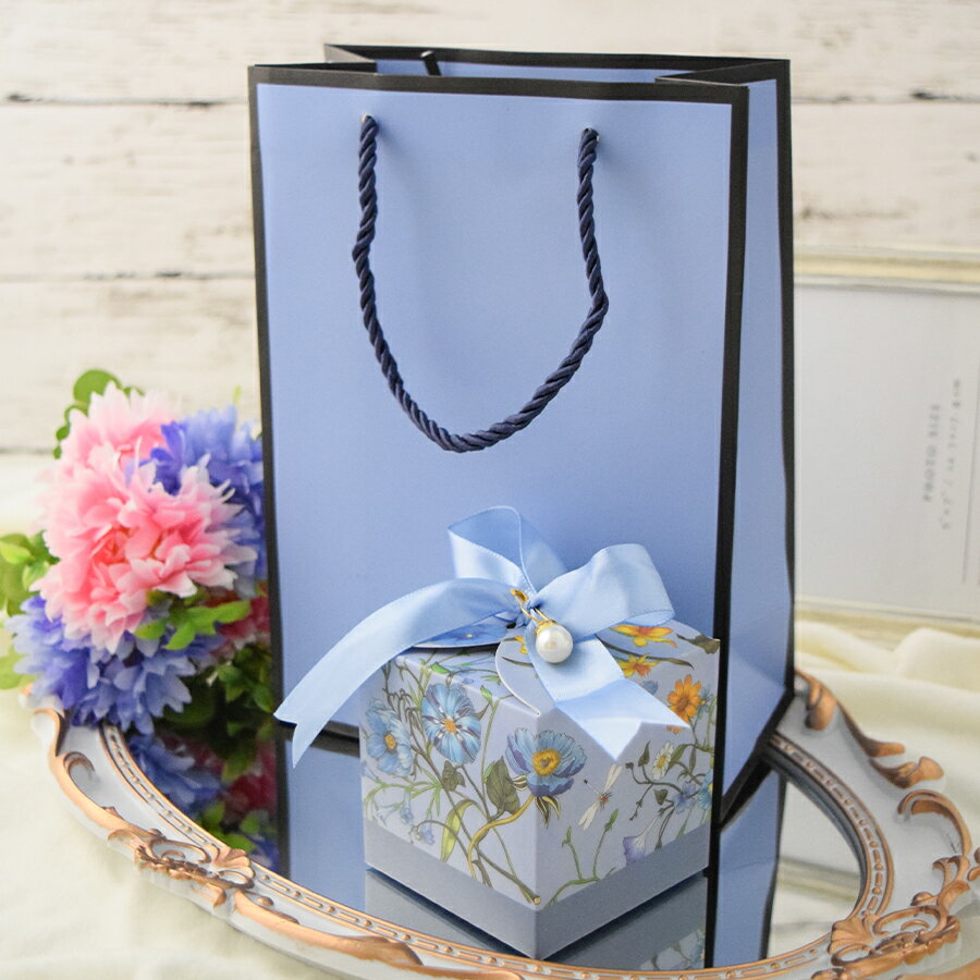 ラッピングセット(スカイブルー花柄BOX・巾着袋付き)包装セット アクセサリー ギフト 紙袋 BOX ボックス 巾着袋 リボン パール調 飾り付き シルバー ス...