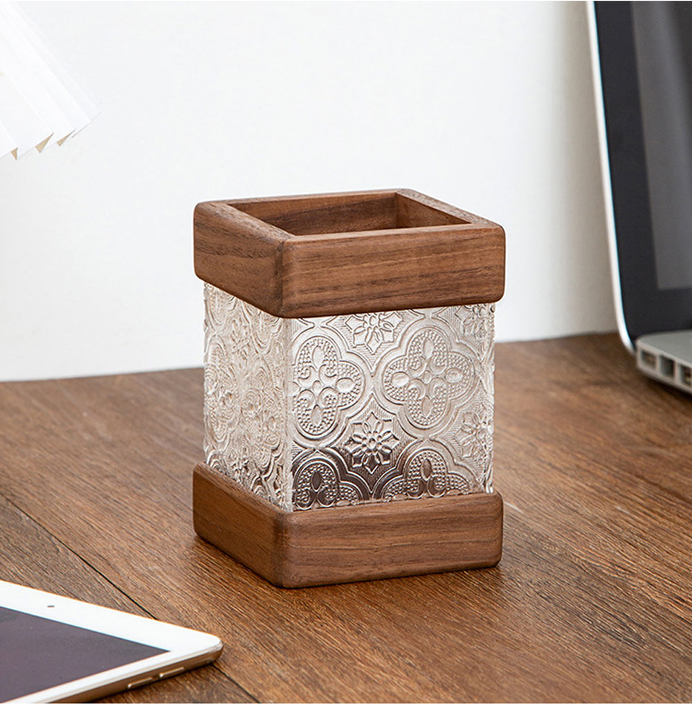 ペンスタンド ペンホルダー おしゃれ ペン立て かわいい ペンケース 胡桃木とガラスの海棠花模様 卓上収納 オフィス メガネスタンド デスク プレゼント 文房具