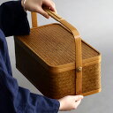 清境Craft 自然素材にこだわったかご 竹 かご ハンドル付き 一段 四角 重箱 漆塗り 手作り 行楽弁当箱 竹籠 バスケット手提げ アウトドア 竹かご ピク...