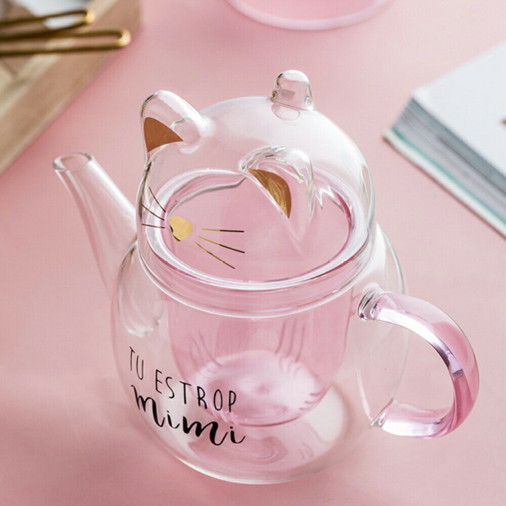 送料無料 IwaiLoft 猫 耐熱ガラス ティーポット 茶こし付き ガラスポット かわいい 紅茶ポット フルーツティー 花茶 工芸茶 に ガラス急須 直火可
