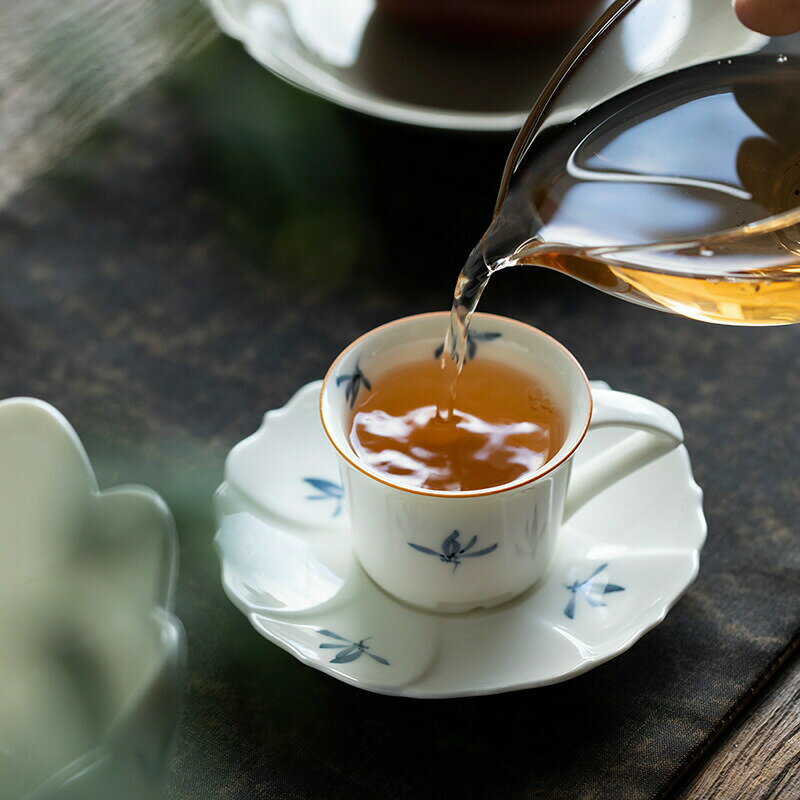 IwaiLoft 2客セット 手描きの蘭 手作り コーヒーカップ コースター付き 磁器 湯吞み 茶器 湯呑み ティーカップ お茶 カップ 茶杯 茶托 コップ グラス 磁器 来客用 お茶用品 ティーウェア 中国茶器 台湾茶器 贈り物にも 55mL【セット買いがお得】のサムネイル