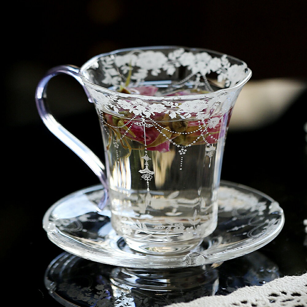 ロマンチック 薔薇 ゴブレット グラス ソーサー付き 茶托 おしゃれ 小鉢 アフタヌーンティー ガラスカ..