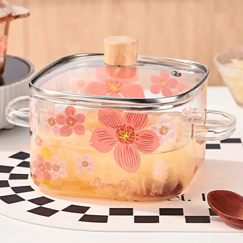耐熱ガラス 鍋 両手鍋 桜 模様 ガラス調理鍋 透明調理鍋 直火対応 スープポット ふた付き 赤ちゃん 離乳食 ガラス食器 蓋物 ふた物 おしゃれ ガラスケース ガラス鍋 煮物椀 ガラスポット ミルクパン 透明 食洗機対応 電子レンジ使用可 IwaiLoft