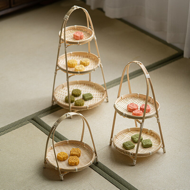 天然竹 バンブートレー 手提げ トレー 1段 2段 3段 お菓子 トレー おしゃれ ハンドル付き プレート 14cm 18cm 22cm 小皿 デザートプレート ティートレー ケーキトレー ケーキスタンド ホールケーキ用トレー 小物収納 竹 ラック お茶 収納 インテリア 茶芸 清境Craft