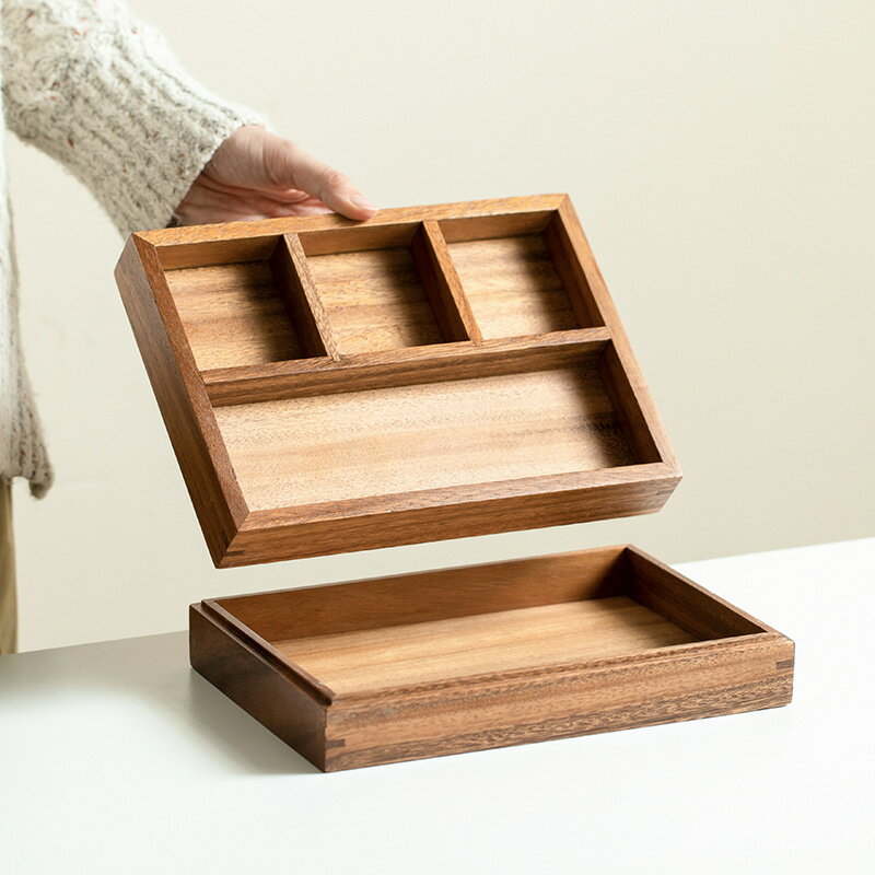 新作 ティートレー&収納ケース ウールナット トレー 天然木 クルミ材 卓上 収納ケース 収納箱 仕分け 小物収納 おしゃれ 玄関収納 アクセサリートレー お家...