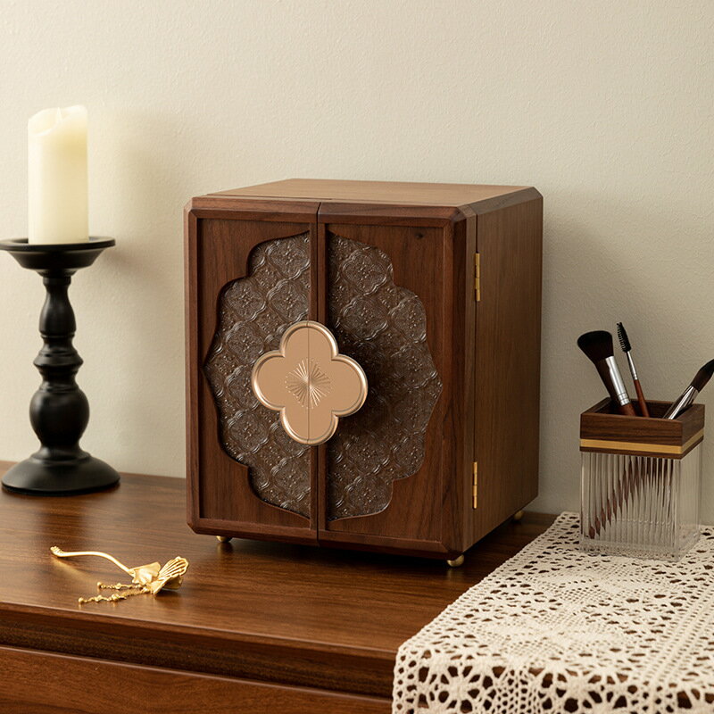 高級&儀式感 ジュエリーボックス アクセサリーケース 大容量 仕切り調整 5段 木製 ウールナット フローラガラス ウォッチボックス ウッドケース おしゃれ 宝石箱アクセサリー 収納 ケース 指輪 リング/ピアス/ネックレス/メガネ/時計収納 小物収納 母の日プレゼント IwaiLoft