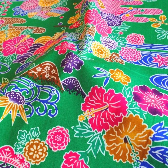 【12/1(月)限定 エントリー＆リピート購入で最大P20倍 11%OFFクーポン有り】綿ブロードプリント紅型山花模様 切り売り=1m単位 全9色 【メール便は4mまで】【毎月1日はワンダフルデー】 3