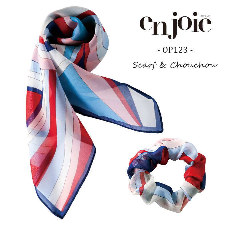 事務服 スカーフ シュシュ 簡単 セット アクセサリー OP123 ジョア アンジョア en joie 紺 ピンク レッド 柄 制服 事務 オフィス 受付 ホテ...