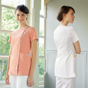 白衣 ジャケット チュニック LW601 ローラアシュレイ LAURA ASHLEY ナース 女性 レディス 白 ホワイト ピンク 半袖 制菌 制電 吸汗 透け防止 防汚 医療 看護 介護 歯科 エステ クリニック 大きいサイズ 住商モンブラン