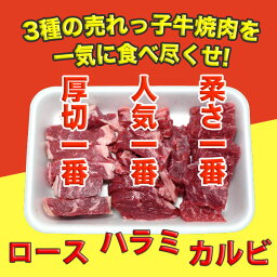 【焼肉セット】穀物牛 焼肉 三種盛り合わせ (かいのみカルビ・ハラミ・上ロース) バーベキューセット 900g(300g×3パック) 自家製タレ付属 (焼肉 焼き肉 バーベキュー BBQ)