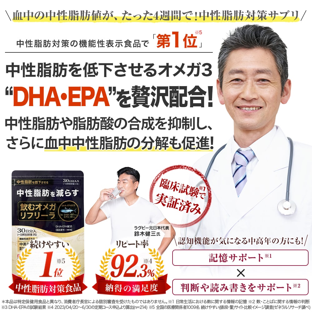 【飲むオメガ】リフリーラ 中性脂肪対策 機能性表示食品 中性脂肪 減らす 脂肪酸 DHA EPA オメガ3 サプリ サプリメント 約30日分 2