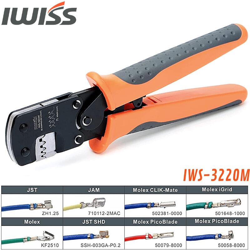  IWISS アイウィス 圧着ペンチ 圧着工具 JSTコネクタ用圧着ペンチ ラチェット式 オープンバレル 0.03-0.5mm2 極小端子対応 コネクタ 端子 MOLEX JST 極小端子対応 同時圧着 自動車 修理 工具 ペンチ IWS-3220M