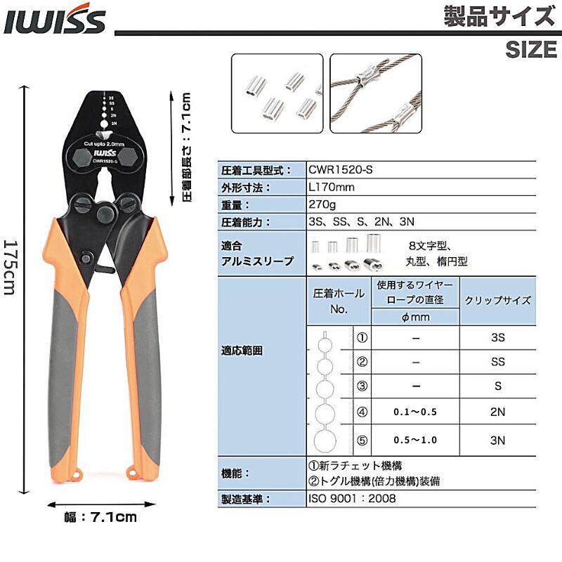 【LINE登録で300円OFF】 ハンドプレッサー 釣り IWISS アイウィス ワイヤーロープ ワイヤー加工機 カッター オーバルスリーブ 釣り 自作 仕掛け カシメ機 ハンドプレス ダブルスリープ ワイヤークランプカッター フィッシュプライヤ― 釣り用ペンチ 圧着工具 CWR1520-S 3