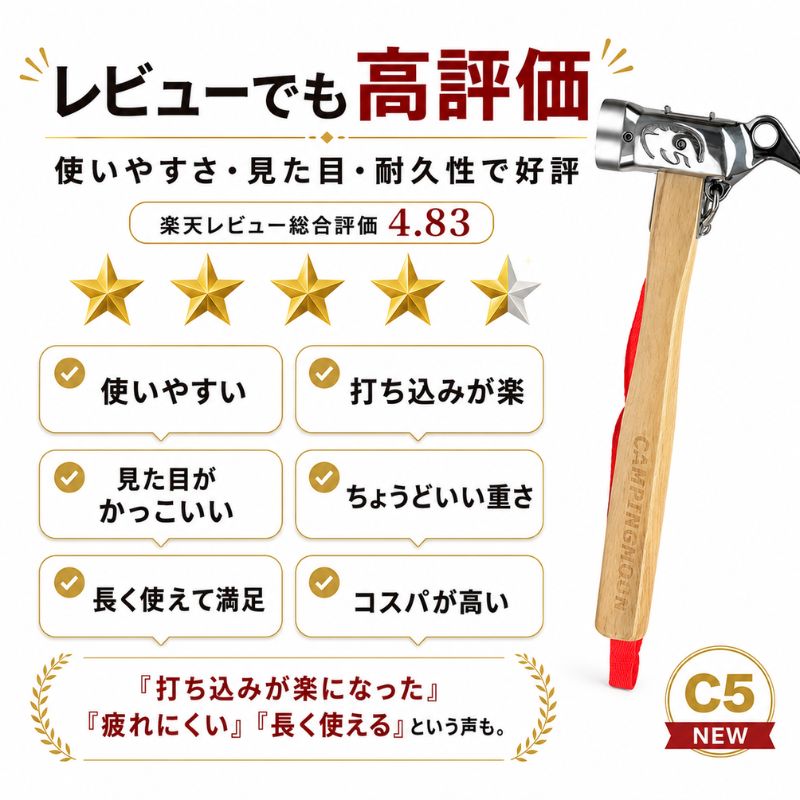 [公式] キャンピングムーン ペグハンマー ペグ ハンマー キャンプ 設営 純銅ヘッド トンカチ 金槌 ペグ打ち ペグ抜き セット 多機能 おしゃれ ステンレス 鍛造 ヘッド プレミアムペグハンマー 設営 1.5ポンド 設営用品 設営道具 設営用具 犀 C5 iwiss-10002739 IWISS TOOLs 楽天市場店 サンプル画像3