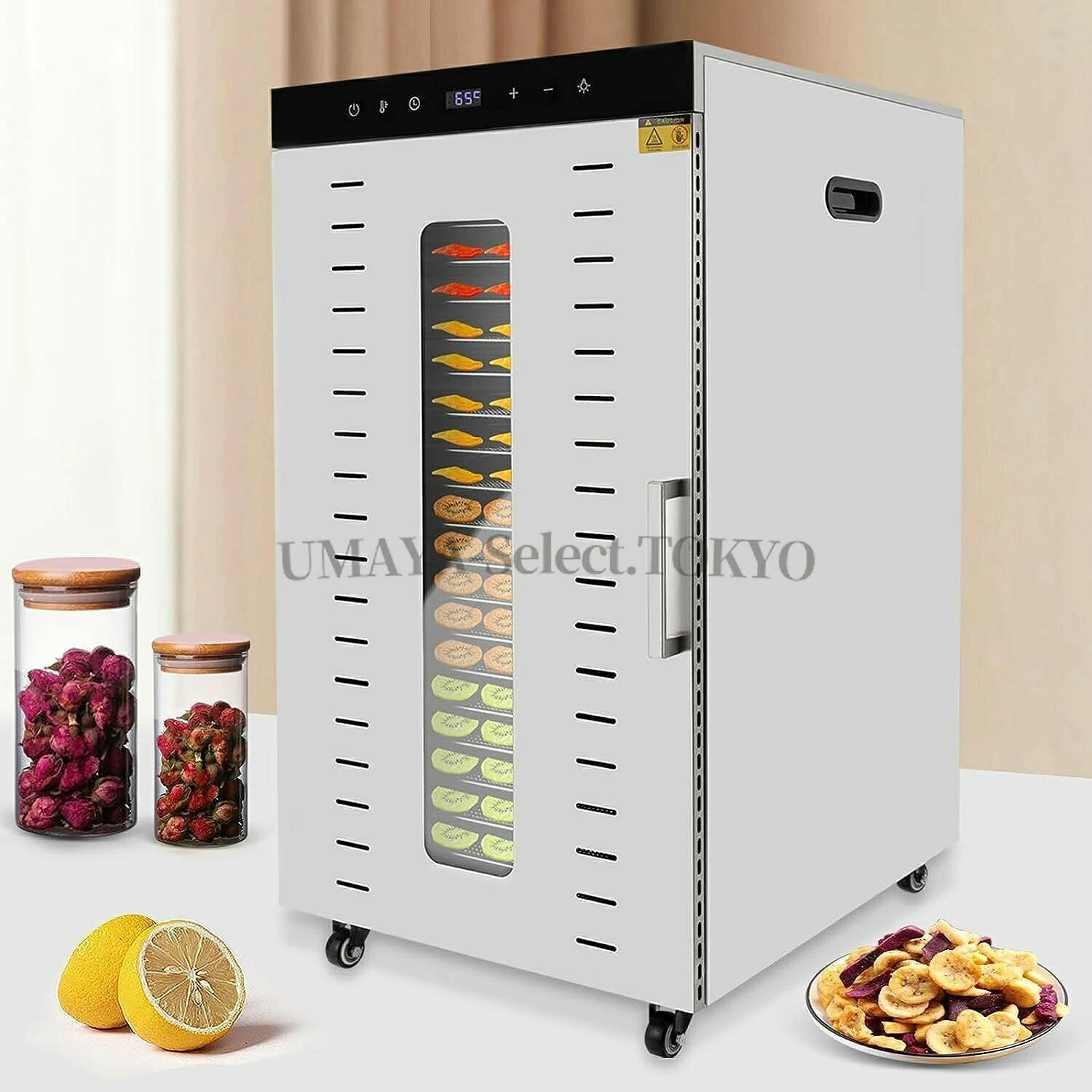 【商品名】食品乾燥機 業務用 20層 大容量 電気食品乾燥機 フードドライヤー 電気食品脱水機 ステンレススチールトレイ付き デジタルタイマー 温度制御 凍結乾燥機 野菜 果物 スパイス【価格】131533円【商品説明】【堅牢で安全】BPAを含まない食品グレードの304ステンレス鋼で作られており、耐久性があり、錆びず、美しく、長寿命を保証します。 また、自動シャットオフ機能と過熱保護機能も備えており、安全性レベルを向上させます。【高効率省エネ】高出力（1500W）、3個のファン、大型U字型ヒートパイプにより360度循環加熱を実現し、熱損失を抑えながら均一で早い乾燥を実現し、乾燥効率が飛躍的に向上します。【大容量】20個の大きなトレイ（それぞれのサイズは15.7 * 14.9インチ）を備えており、さまざまな食品を一度に乾燥できます。【温度と時間調整可能】乾燥温度は86?194°Fの間で調整できます。 タイマーは0.5?24時間の間で設定できます。 さまざまな食品の乾燥ニーズを満たし、おいしい食品をお届けします。【使いやすい】スマートなタッチパネルとディスプレイにより、より簡単で便利に使用できます。 食材を入れて温度と時間を調整し、乾くのを待つだけです。食品乾燥機使い方1. 果物を洗い、スライスします。2. 果物を食品乾燥機に均等に入れます。3. 時間と温度を設定します。4. 果物が乾燥し終わるまで待ちま