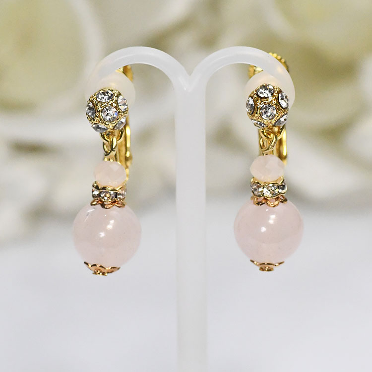可愛く揺れる 天然石 クラシカルイヤリング ローズクォーツ ノンホール ジェムストーン パワーストーン 日本製 国産 手作り