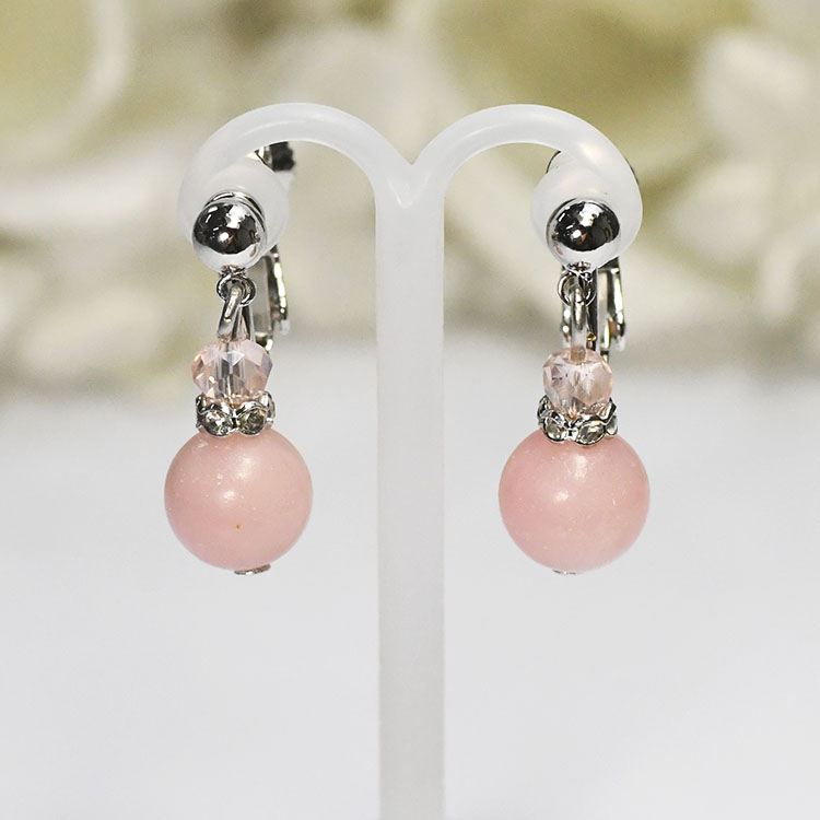 可愛く揺れる 天然石 クラシカルイヤリング ピンクアロガナイト ノンホール ジェムストーン パワーストーン 日本製 国産 手作り