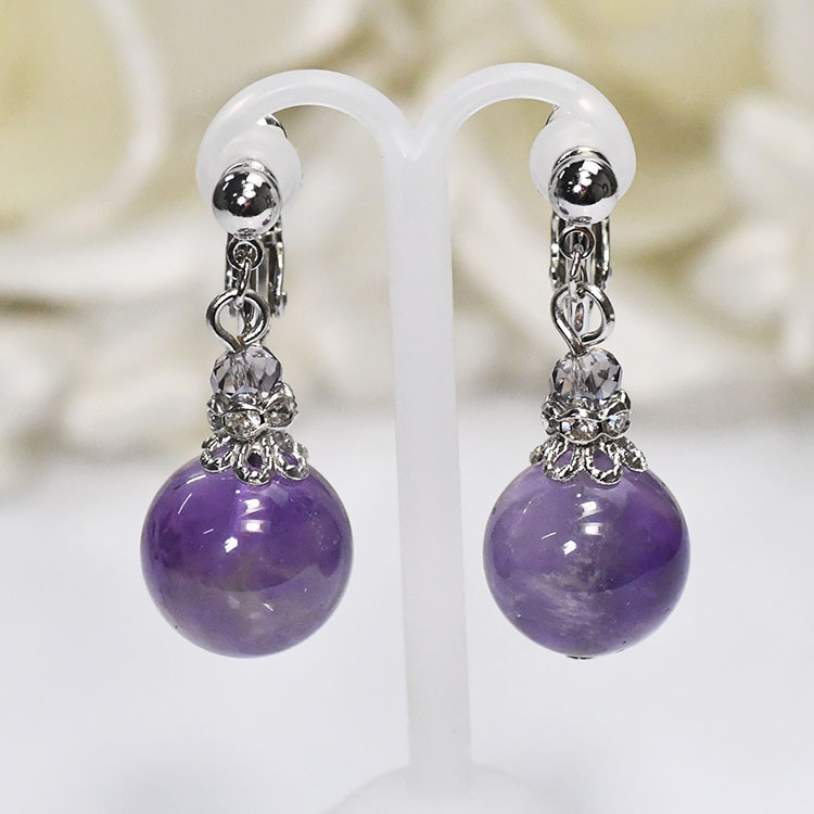 可愛く揺れる 天然石 クラシカルイヤリング 大粒アメジスト 12mm玉 ノンホール ジェムストーン パワーストーン 日本製 国産 手作り